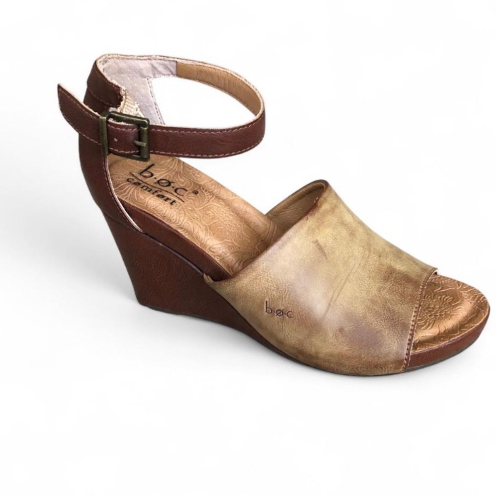 b.o.c. Two-Tone Brown and Tan Leather Wedge Sandals with Ankle Strap Size 8M
